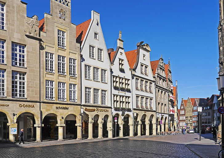 Münster, marché principal, Westfalen, maisons à pignons, acheter l’équipe, 1 a-carte, porte d’arche