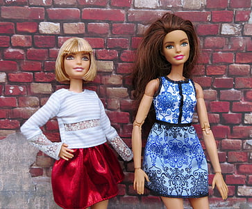 Barbie, boneca, urbana, parede de tijolo, moda, retrato, loira