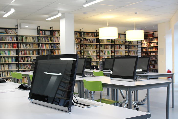 dator, bildskärm, lampan, bibliotek, tabell, rum, klass