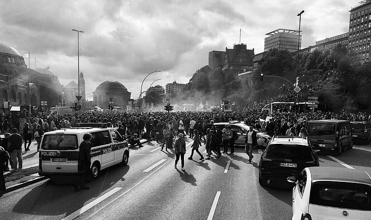デモ, ハンブルク, g20, 人間, 警察, 道路, 質量