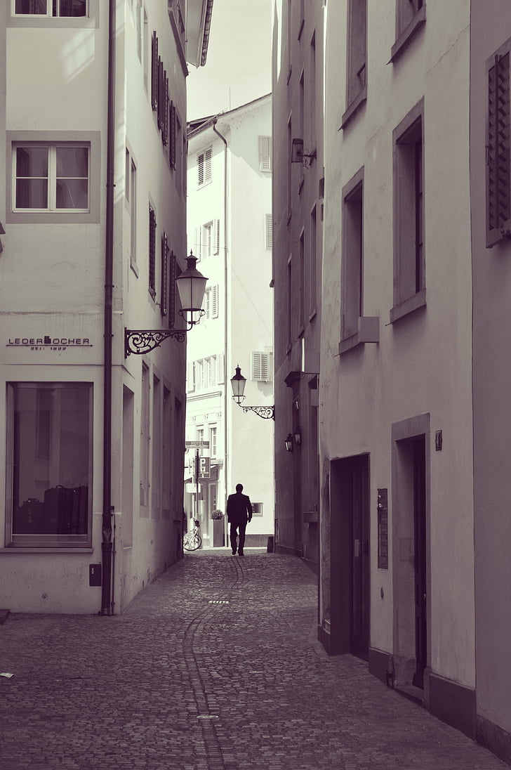 man, alley, alone, street, walking, houses, city
