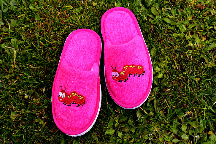 slippers, children, funny, cute, meadow, motive, pink