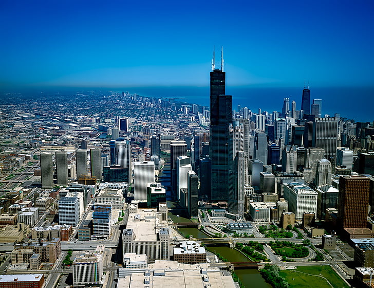 Chicago, Illinois, het platform, gebouw, centrum, stadsgezicht, wolkenkrabber