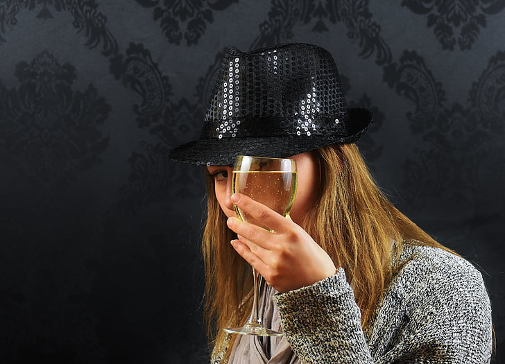 ženska, klobuk, šampanjec, vino, pijača, skrivnostni, moda