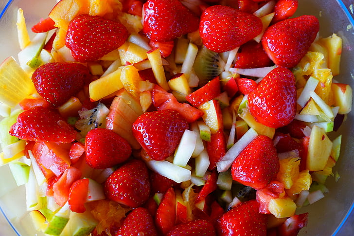 fruit salad, fruits, strawberries, apple, nectarine, fruit, food