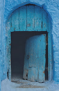 สีฟ้า, เปิด, ประตู, เนื้อ, สี, ถูกทอดทิ้ง, ตากแดดตากฝน