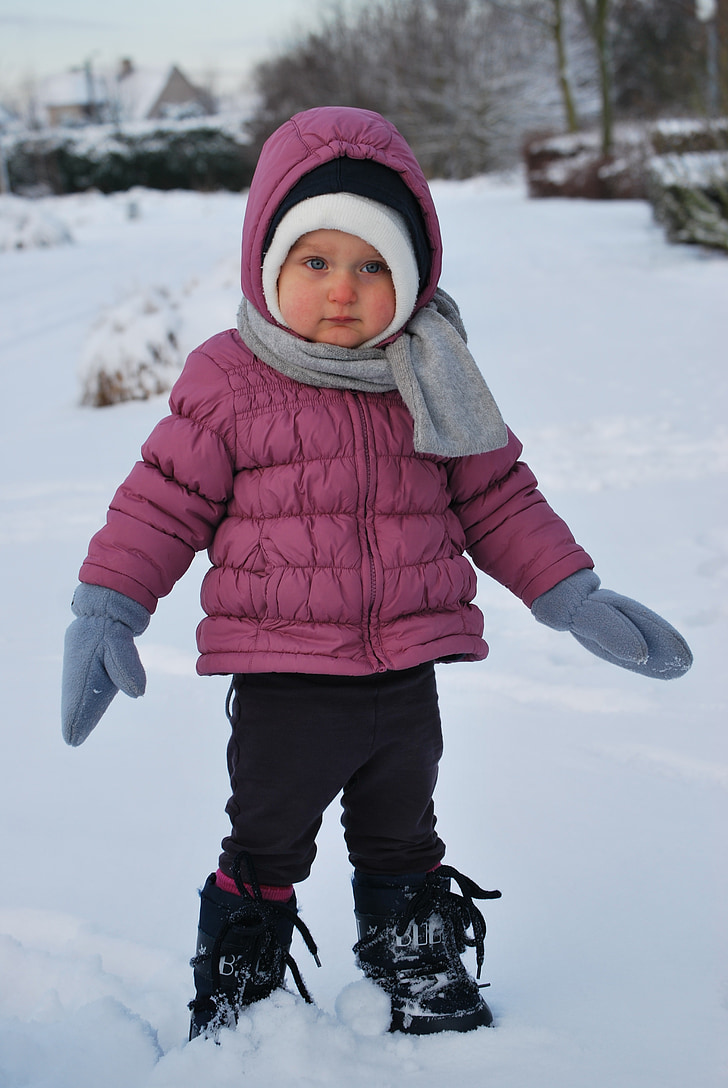anak, musim dingin, salju, Manis, topi, syal, sarung tangan
