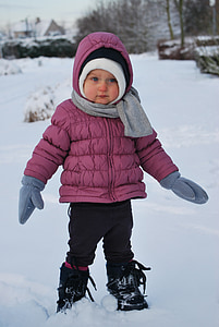 아이, 겨울, 눈, 귀여운, 모자, 스카프, 벙어리 장갑
