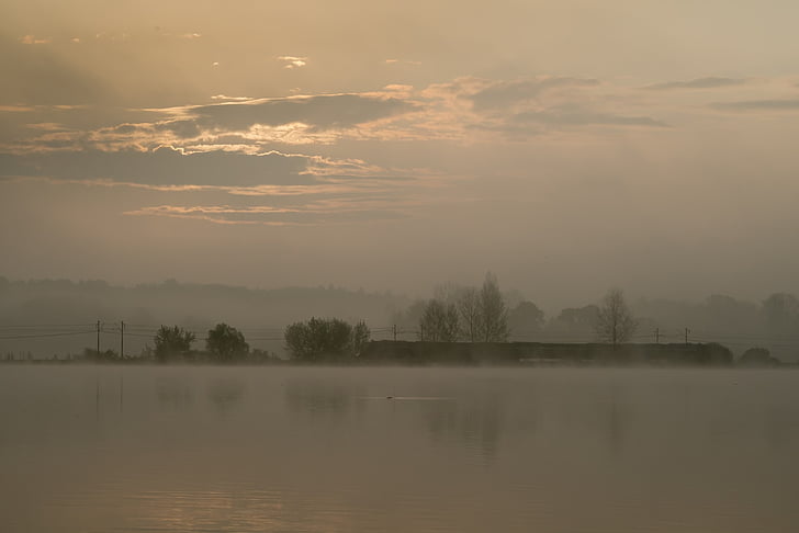sunrise, reflection, pond, water, orange, fog