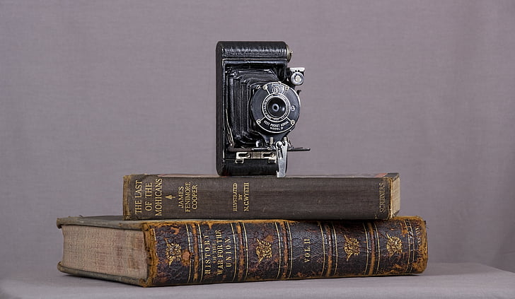 camera, books, vintage, book, old-fashioned, stack, antique