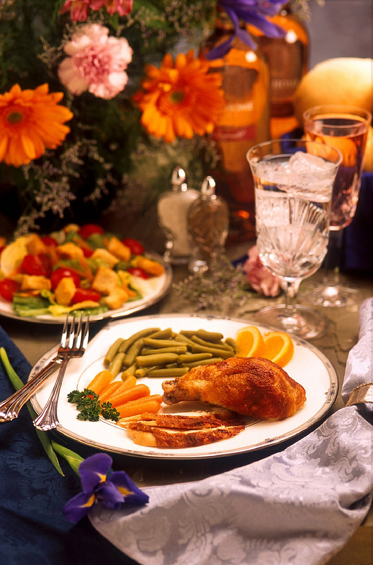 dinner, meal, table, food, meat, plate, flowers