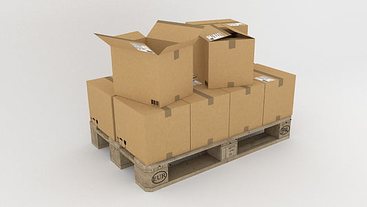 pallet, goods, freighter, transport, wood, boxes, cardboard