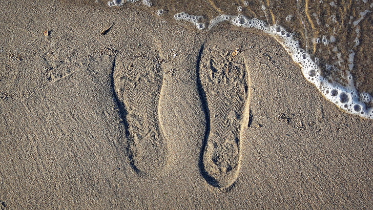 sable, plage, imprimer les chaussures, eau, Lac, les vagues, Sole