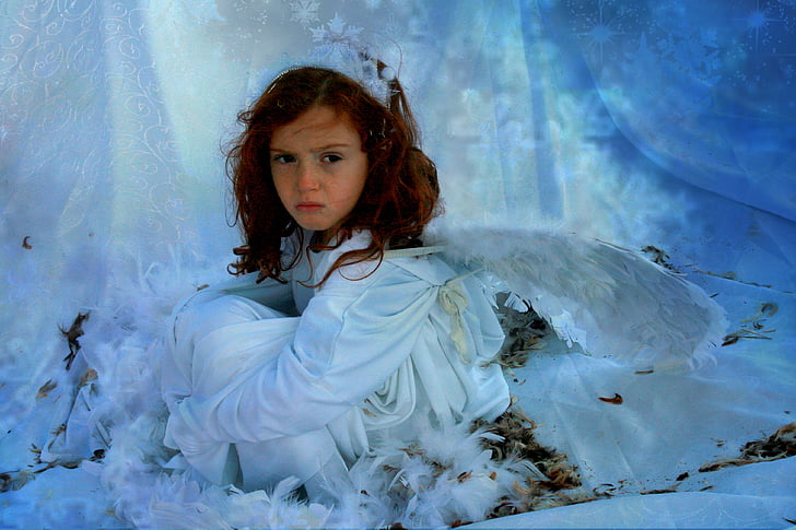 dievča, anjel, krídla, zimné, krása
