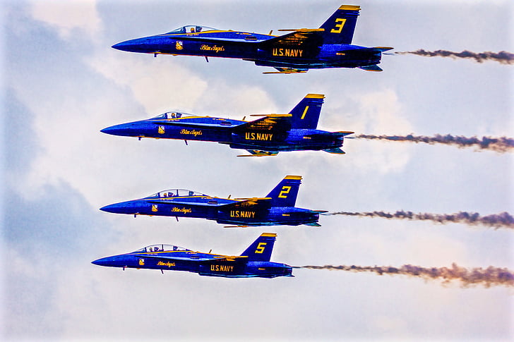 Blue angels, trysky, námořnictvo, stíhací letoun, Airshow, letadlo, vojenské