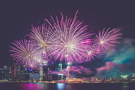 2016, cidade, paisagem urbana, fogos de artifício, luzes, véspera de ano novo, à noite
