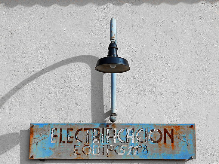 lâmpada, cartaz, velho, enferrujada, eletrificação, estrada de ferro