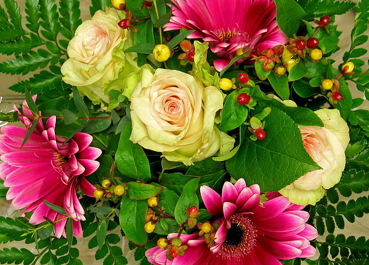 kimppu, kukat, kukkakimpun, ruusut, vaaleanpunainen, maljakko, Morsiuskimput