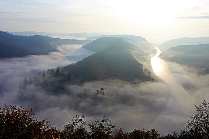 niebla de la mañana, paisaje del río, lazo de Saar, bosque, punto de vista, naturaleza, cloef