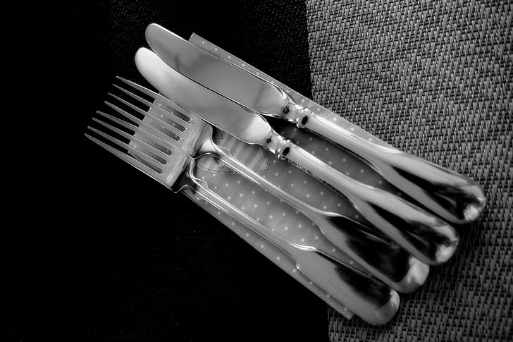 coberts, ganivet, forquilla, metall, brillantor, dents, no hi ha persones