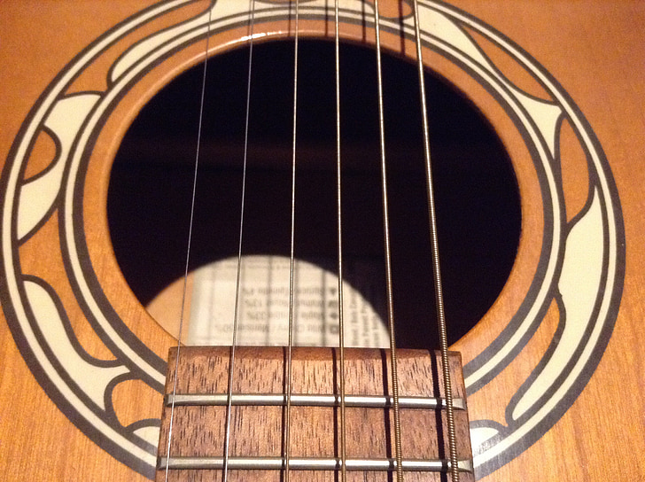 guitar, sound, hole, strings, ornament, musical instrument, wood