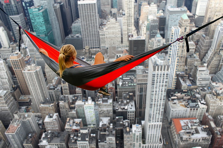 hammock, height, courageous, courage, crazy, no fear of heights, big city