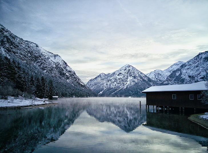 house, body, water, near, mountain, covered, snow