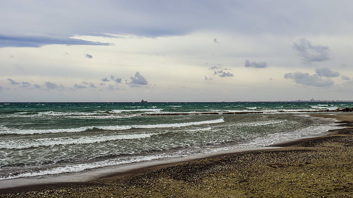 strand, zee, golven, bewolkt, winderig, landschap, Larnaca