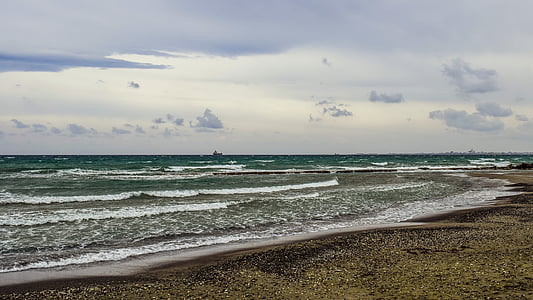 Playa, mar, ondas, nublado, viento, paisaje, Larnaca