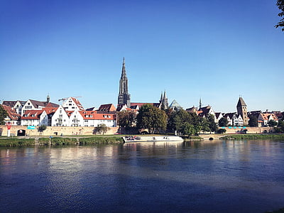 Ulm, Münster, inferno, ensolarado, dia, Outono, Danúbio