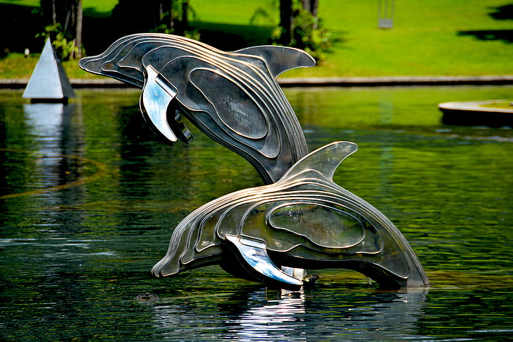 golfinhos, escultura, estátua, arquitetura, Monumento, Marco, água