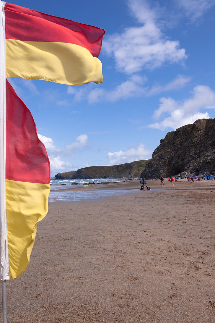 flags, red, yellow, demarcation, surf area, coast, coast guard