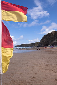 drapeaux, rouge, jaune, démarcation, zone de surf, Côte, Garde côtière