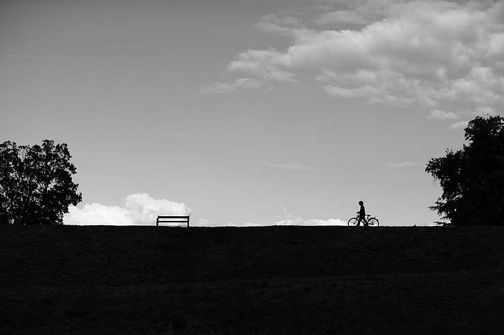 bike, bicycle, path, bench, park, silhouette, people