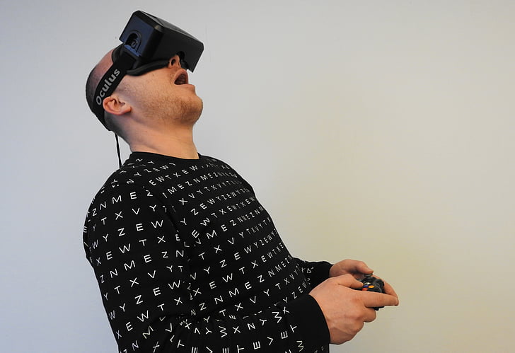 mann, VR, virtuell virkelighet, teknologi, virtuelle, virkelighet, enheten
