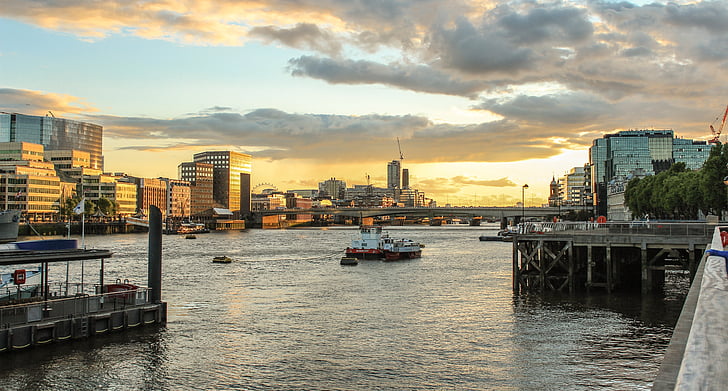 Râul, Râul Tamisa, Londra, Anglia, Marea Britanie, arhitectura, apus de soare