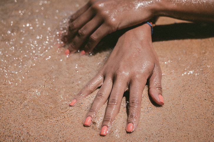 mar, agua, Playa, arena, Bronceador, mano, dedos