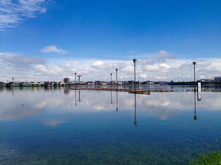 Lago de Japón, reflexión, cielo azul, nube blanca, agua clara, verano, Check-out