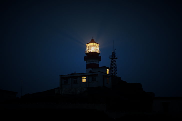 Foto, Lighthouse, gul, ljus, natten, byggnad, Ocean