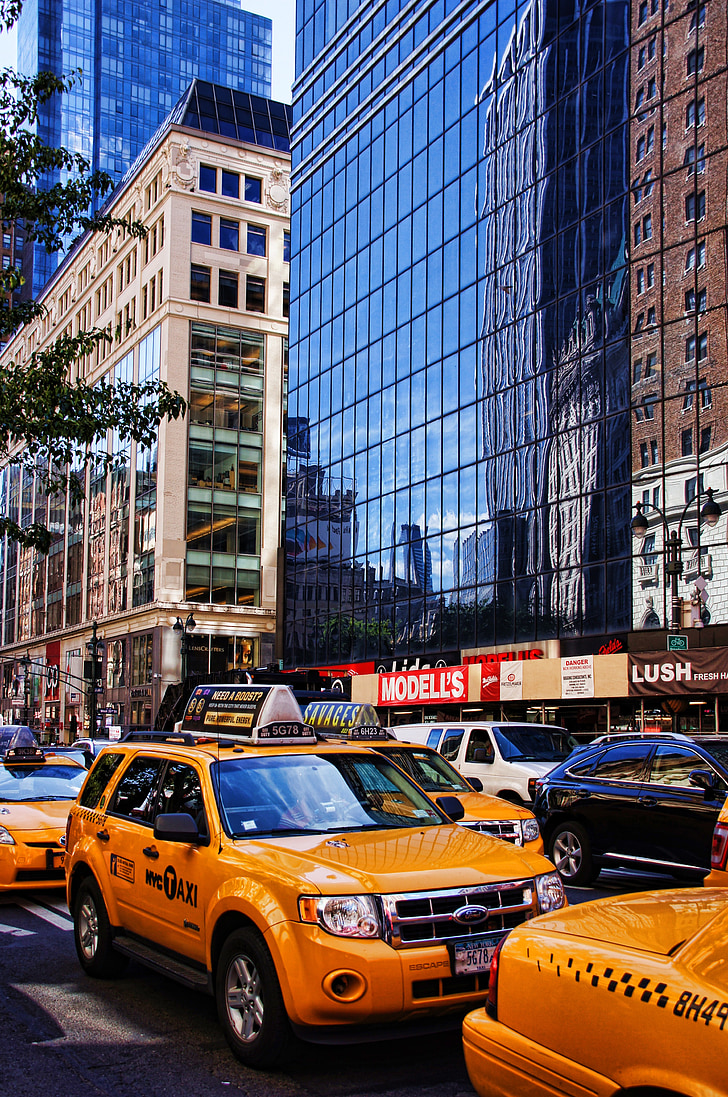 New york, Manhattan, taxi, ville, route, gratte-ciel, verre