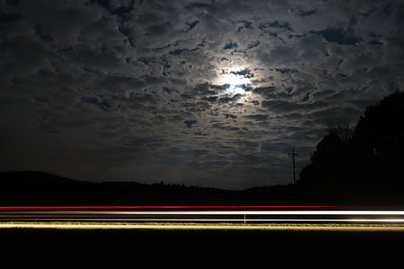 道路, 长时间曝光, 灯, 红色, 交通, 晚上, 聚光灯下