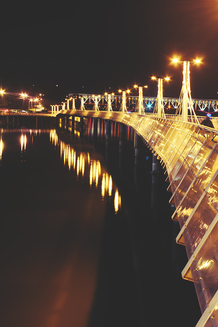Pier, světla, noční, řeka, Polsko, Polska, Plock
