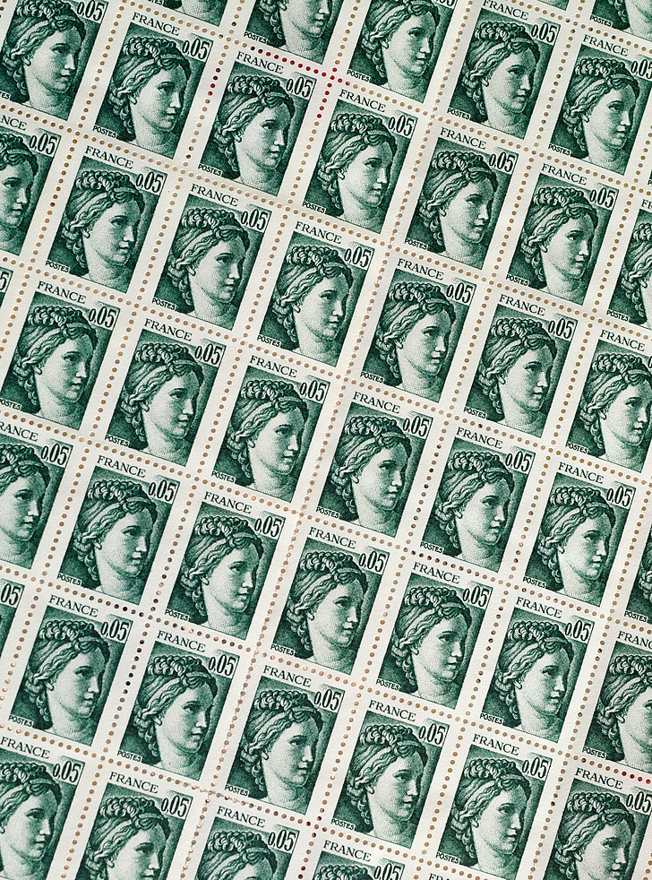 Γραμματόσημα, Γαλλικά γραμματόσημα, Φιλοτελισμός, συλλογή, συλλογή γραμματοσήμων, φόντο, πράσινο