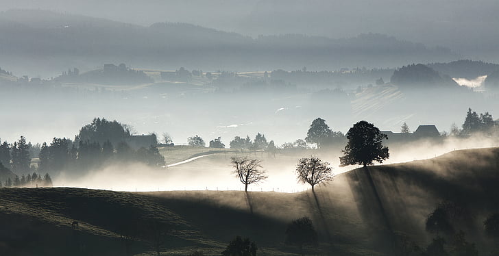 fog, landscape, mist, mountain, outdoors, panoramic, silhouette