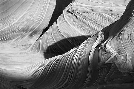 black-and-white, canyon, curve, desert, landscape, pattern, sandstone