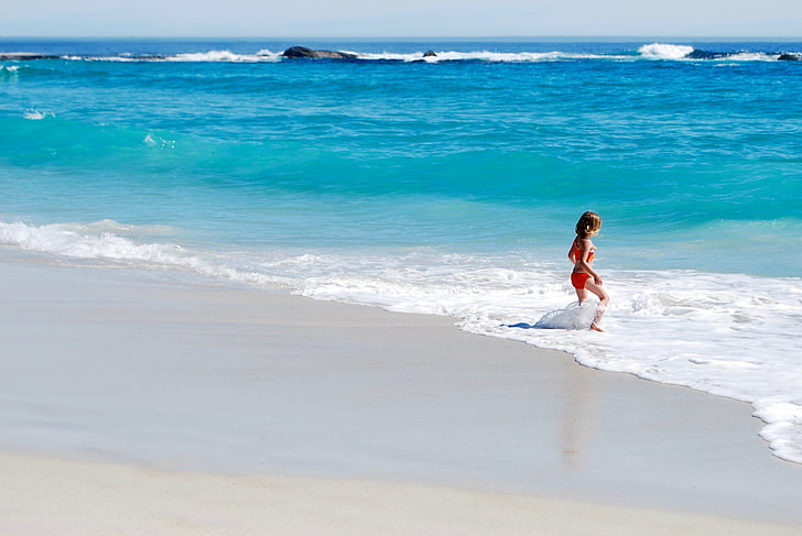 Κορίτσι, πορτοκαλί, δύο, κομμάτι, κοντά σε:, παραλία, της ημέρας