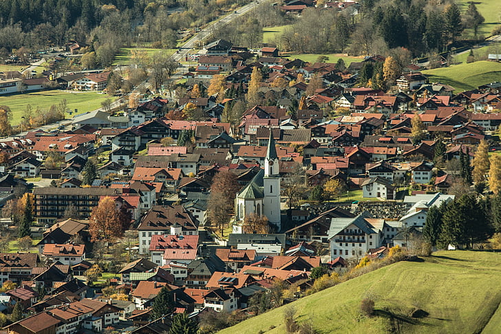 Bad hindelang, Allgäu, Ostrachtal, aldea, complejo vacacional, casas, Iglesia