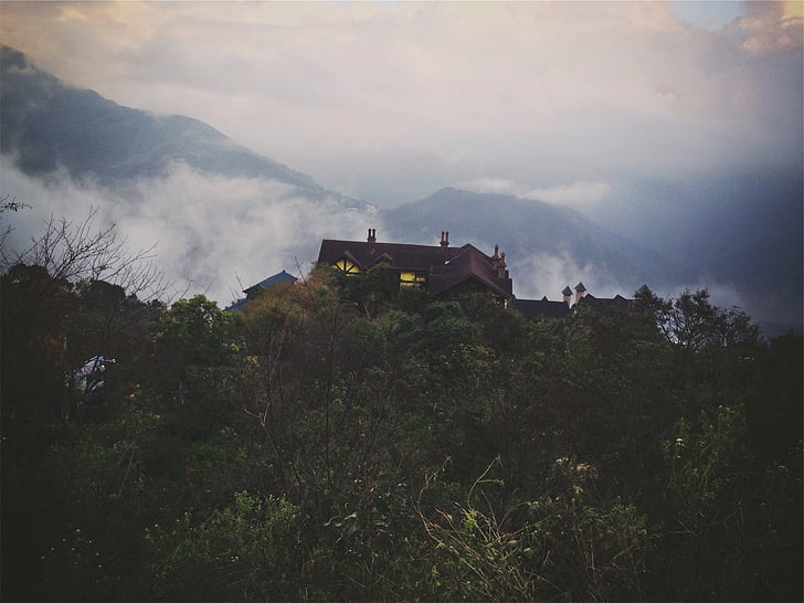 house, mountains, hills, clouds, trees, roof