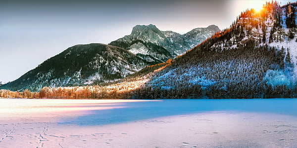 panorama, montañas, salida del sol, Austria, Lago, congelados, invierno