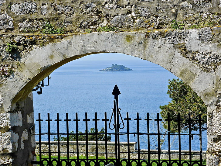 island, arch, scenic, mediterranean, view, window, stone